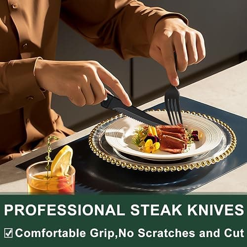 Black Hammered Silverware Set With Steak Knives, 24-Piece Stainless Steel Roman Column Flatware for 4, Food-Grade Tableware Cutlery, Utensil Set for Home Restaurant, Mirror Finish thumbnail 4