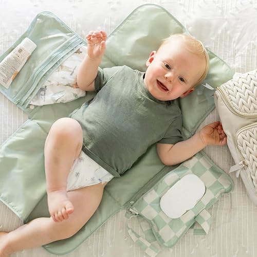 Tiny Twinkle Portable Diaper Changing Pad | Waterproof, Wipeable & Compact Baby Changing Pad for Travel | Smart Wipes Pocket & Organized Storage| Newborn Shower Gift (Sage Checkers) thumbnail 2
