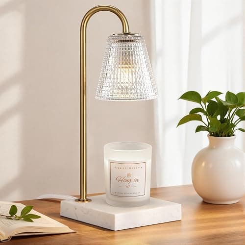Hong-in Modern Gold and Marble Candle Warmer Lamp with Textured Glass Shade, Elegant Candle Lamp for Bedroom Living Room Kitchen, Luxury Home Decor Accent Lamp,Birthday Gift for Women - Image 1