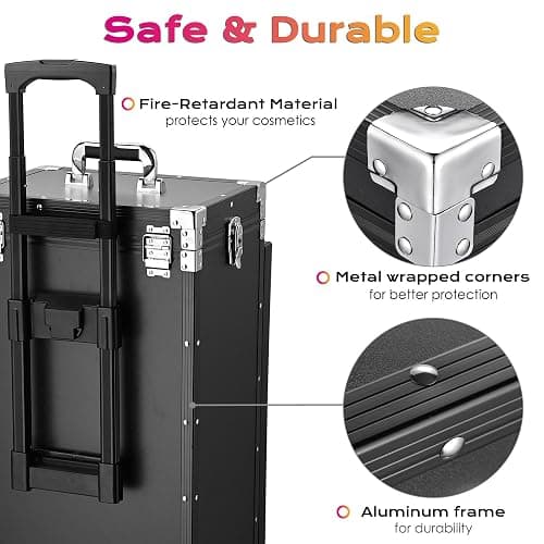 BYOOTIQUE Portable Manicure Table Nail Station Rolling Makeup Case with 4 Drawers Nail Table Storage for Makeup Artist Nail Tech Manicurist, Black, 33" x 16" x 31" thumbnail 8