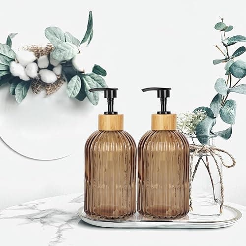Ulable Amber Glass Soap Dispenser with Pump, 2 Pack 13.5oz Vertical Stripe Design Hand Soap Dispenser for Hand Wash, Dish Wash, Elegant Dispenser for Bathroom and Kitchen thumbnail 5