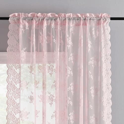 Kotile Pink Lace Curtains 63 Inch Length - Rustic Floral Patterned Pink Nursery Sheer Curtains, Rod Pocket Privacy Scalloped Lace Curtain for Girls Bedroom, 52 x 63 Inch, 2 Panels Set thumbnail 3