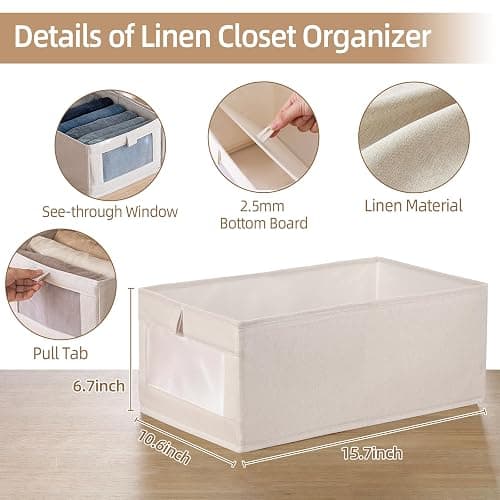 Pradnel Linen Closet Organizers And Storage, 4 Pack Storage Bins Baskets for Organization Foldable Organizer with Clear Window Organizing Clothing, Jeans, Shelves thumbnail 2
