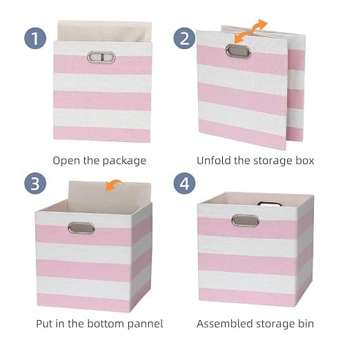 11 x 11 x 11 Inch Linen Stripe Storage Cubes for Home Organizing, Pack of 4 | Collapsible Fabric Bins with Handles, Striped Boxes for Office Wardrobe Closet Shelf Organizing thumbnail 5