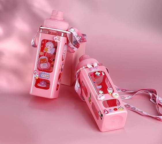 NEWSTYP Kawaii Bear Pastel Water Bottle With 3D Sticker 700ml Plastic Travel Tea Juice Milk Portable Cute Shaker Drink Bottle Gift (Pink) thumbnail 6