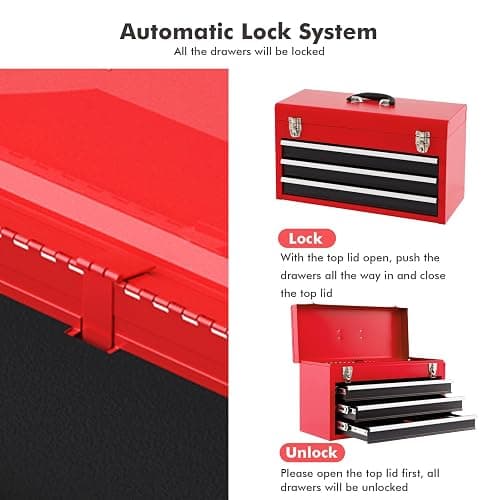 Goplus Tool Box with 3 Drawers, 4-Tier 20.5" Portable Tool Chest Organizer with Top Tool Tray, Auto Lock, Protective Liner, Handle, Steel Metal Small Toolbox for Gargae, Workshop, Home thumbnail 4