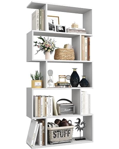 Yusong Bookshelf 5-Tier, Geometric Bookcase S Shaped Book Shelves for Bedroom, Modern Wood Decorative Display Shelf Book Case for Home Office, White - Image 1