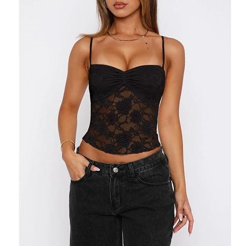 Women Lace Floral Cami Tank Top Spaghetti Strap Backless Camisole Y2k Sleeveless Slim Fit Going Out Top Shirt thumbnail 2