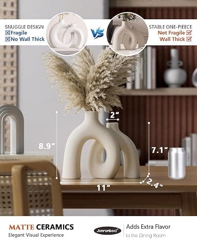 Hug Donut Decorative Vase Set - Modern Nordic Boho Style Vases Home Decor, Matte Ceramic Decorations for Living Room Shelf, Bookshelf Mantle Entryway Table or Console Décor (Cream White) - Cream White thumbnail 2