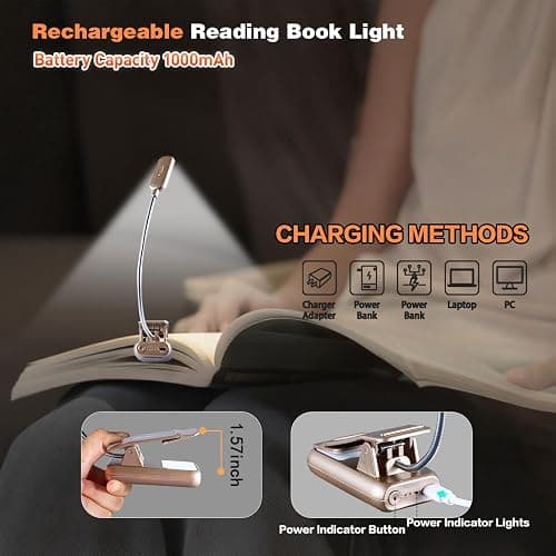 VAVOFO Rechargeable Book Light for Reading in Bed Kids, 7 LED Reading Light with 9-Level Warm Cool White Daylight, Eye Care Lamp with Power Indicator for Bookworms (Champagne Gold) thumbnail 4