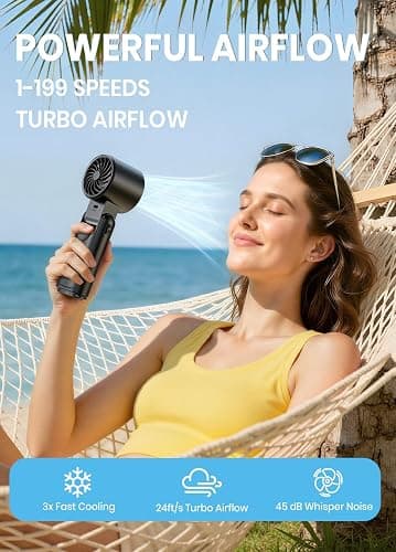 Deyhoc Portable Handheld Turbo Fan, 1-199 Speed Adjustable, Black | 4 IN 1 Pocket Design with LED Display, High-Power Motor, Rechargeable Battery, Mini Fans for Indoor/Outdoor/Travel/Work thumbnail 2