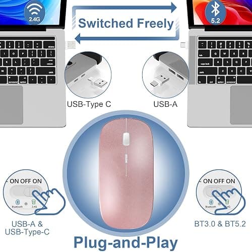 Kovess Mouse for Laptop Wireless Bluetooth - MacBook Air Mac Pro PC iPad Optical Rechargeable Silent Mouse with Jiggler Dual Mode Switch Bluetooth 5.2/3.0 and 2.4GHz USB-A and Type-C Receiver Silvery thumbnail 3