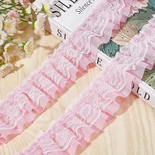 GORGECRAFT 11 Yards Pink Double-Layer Pleated Chiffon Lace Trim 5cm Wide 2-Layer Gathered Ruffle Trim Edging Tulle Trimmings Fabric Ribbon Jacquard lace for DIY Sewing Crafts Pillowcase Embellishments thumbnail 4