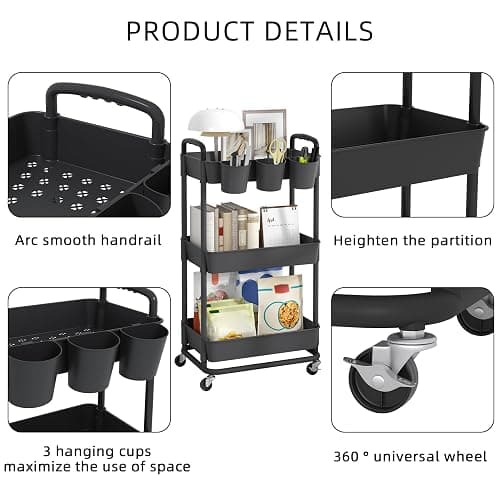 JIUYOTREE 3-Tier Plastic Rolling Storage Cart Utility Cart with Extra Hanging Cups Handles Lockable Wheels for Living Room Bathroom Kitchen Office Black thumbnail 7