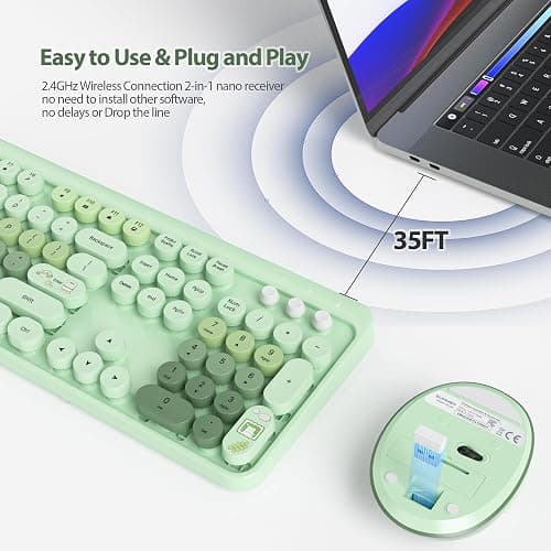 Fogruaden Green Keyboard and Mouse Wireless, Retro Typewriter Keyboard, 2.4GHz 104 Keys Full Size Cute Keyboard with Number Pad, Gradient Colorful Keyboard with Round Keycaps for Windows PC Laptop thumbnail 2