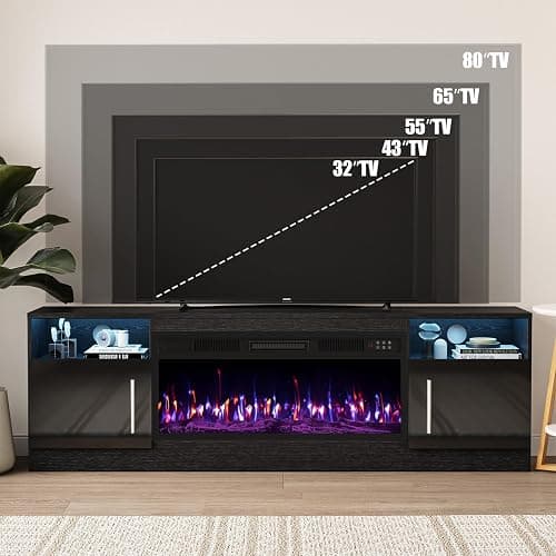 VITESSE Fireplace with TV Stand 36" inch Electric Fireplace Up to 80" TVs, LED Light Entertainment Center, 70" Modern Wood High Gloss with Highlight Storage Cabinet for Living Room (Black) thumbnail 3