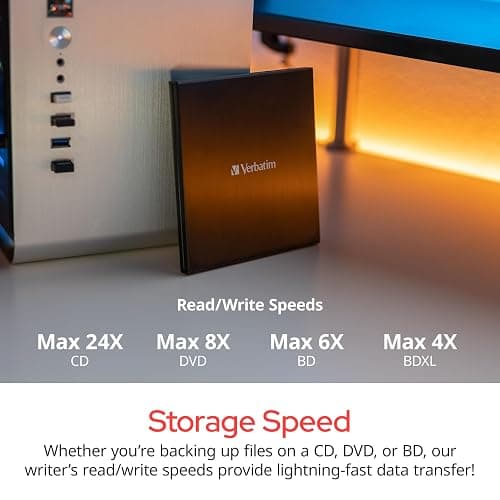 Verbatim Ultra HD 4K CD DVD Blu-ray Writer USB 3.2 GEN 1 USB-C Connectivity Slim Brushed Metal Enclosure Compatible with Mac and PC with Free 25GB Verbatim Blu-ray disc thumbnail 5
