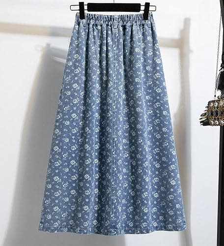 chouyatou Women's Vintage Floral Print Denim Skirt High Elastic Waist A Line Pleated Midi Long Jean Skirt with Pockets thumbnail 3
