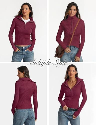 Prettywear 2025 Women's Half Zip Pullover Sweaters V Neck Collared Long Sleeve Ribbed Knit Fall Tops Dressy Casual thumbnail 5
