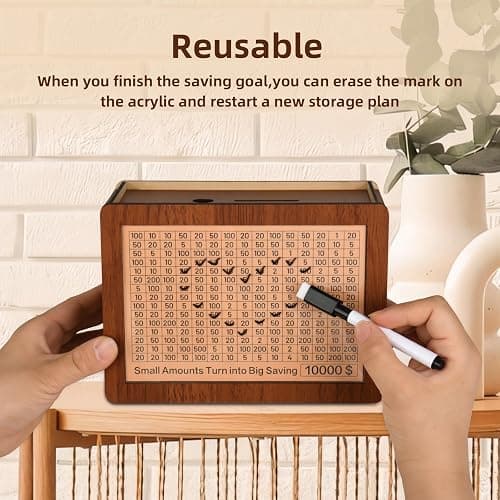 10000 Kakeibo Wooden Money Saving Challenge Box Cash Vault Piggy Bank for Adults Kids Savings Goals Smash Box Saver (10 Amounts) thumbnail 6
