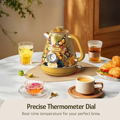 Hazel Quinn X Eduardo Recife Electric Kettle - 1200W Fast Water Boiling, 1.7L/57oz, All 304 Stainless Steel Interior, BPA-Free, Auto Shut-Off, Cordless Retro Teapot with Thermometer - Floral Patterned thumbnail 5