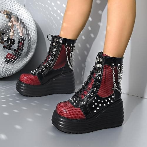 SONALOONG Goth Chunky Ankle Boots for Women - Bat Buckle DIY Platform,Zip Round Toe Lace Up Combat Bootie, Wedge Rave Boots Black Punk Shoes - Light Weight & Waterproof thumbnail 3