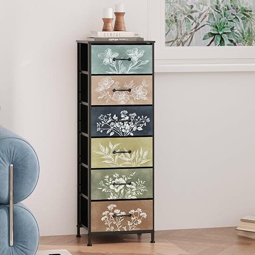 Tohomeor Vintage Dresser Vertical Nightstand with Neutral Botanical Plant Fabric Chest Drawers for Closet Bathroom Storage Tower Unit Bed Side Organizer Farmhouse Rustic (Multi, 6 Drawers) thumbnail 5