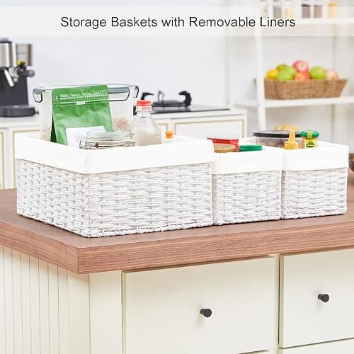 Vagusicc Wicker Basket, Set of 3 Hand-woven Storage Baskets for Organizing, Decorative Rectangle Wicker Storage Basket Bins with Handles, Small Toilet Paper Storage Baskets for Shelves & Decor, White thumbnail 6