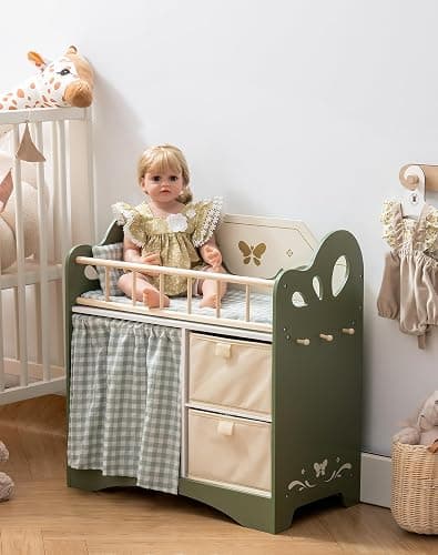 ROBOTIME Baby Doll Crib, Wooden Doll Bed, Toy Baby Crib with Storage, Bedding, and Wooden Hooks, Doll Crib Fits Dolls up to 22’’, Doll Furniture for American Girls Ages 3+ (Green) - Green-Modern thumbnail 2
