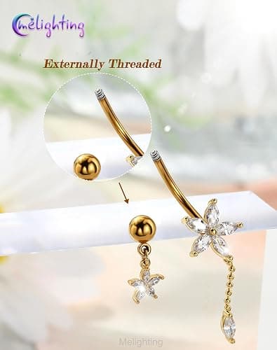 Melighting 14G Lotus Belly Button Ring Dangle Navel Ring Surgical Steel | 316L Reverse Belly Piercing Jewelry AAA Cubic Zircon, 10 mm Silver Gold Double Flower Barbell Bar Body Jewellery for Women thumbnail 4