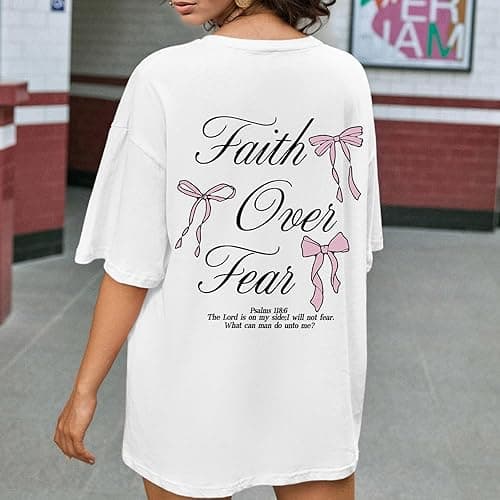 Pairxily Faith Over Fear Shirt Oversized Christian Cute Bow Shirts for Women Bible Verse Religious Tshirts Coquette Tops - White - Small thumbnail 5