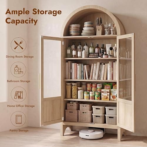VATROS 71" Tall Arched Storage Cabinet with 2 Doors and 5 Shelves, Modern Pantry Cabinet with Transparent Doors, Floor Cabinet for Living Room, Kitchen, Dining Room, Bathroom, Nature Wood thumbnail 3