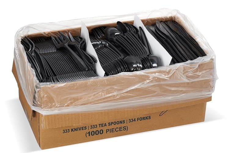 1,000 Plastic Disposable Cutlery Bulk Variety Pack Black Medium Weight Includes 334 forks, 333 knives, 333 soup spoons, Disposable Silverware Plastic Cutlery thumbnail 6