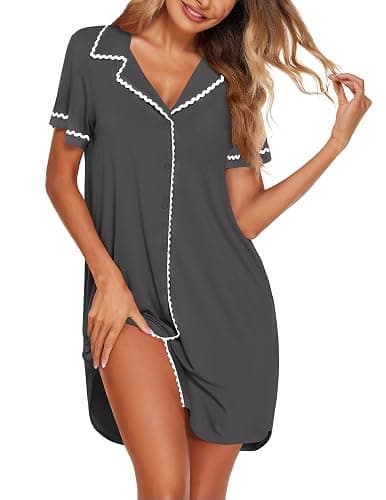 Ekouaer Nightgowns for Women Button Down Sleepshirt Short Sleeve Night Gowns Boyfriend Nightshirt Soft Sleepwear S-XXXL - Image 1