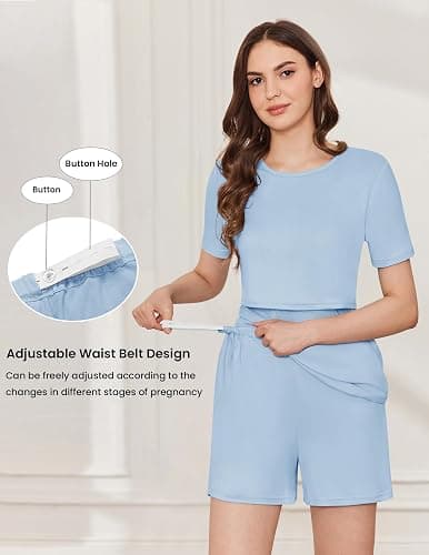 Ekouaer 3 Piece Postpartum Nursing Pajamas Set Short Sleeve Breastfeeding Shirts Pregnancy Shorts & Pants Maternity Pjs thumbnail 3