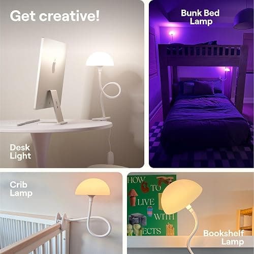 Shroommate Clip On Light and Bed Headboard Lamp, Bedside Table Lamp for Dorm, College Dorm Room Essentials, Night Light for Kids Nursery, Clip on for Desk, MultiColor LEDs, Adapter Included (Black) thumbnail 5