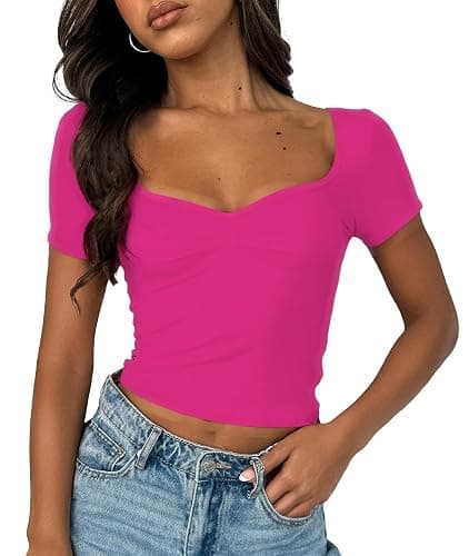 ForeFair Women's Sexy Short Sleeve Going Out Tops Pleated Bustier Shirt Cute Sweetheart Neck Y2K Crop Tee - Image 1