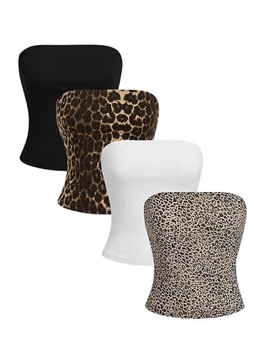WDIRARA Women's 4 Pieces Leopard Print Tube Top Sleeveless Strapless Bandeau Crop Tops - Image 1