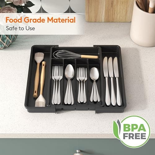 Lifewit Expandable Silverware Organizer, Plastic Utensil Tray for Kitchen Drawer, BPA Free Flatware Cutlery Holder, Space-Saving Storage for Spoons Forks Knives, 8.5-14 x 12 x 1.5 inch, Black thumbnail 6