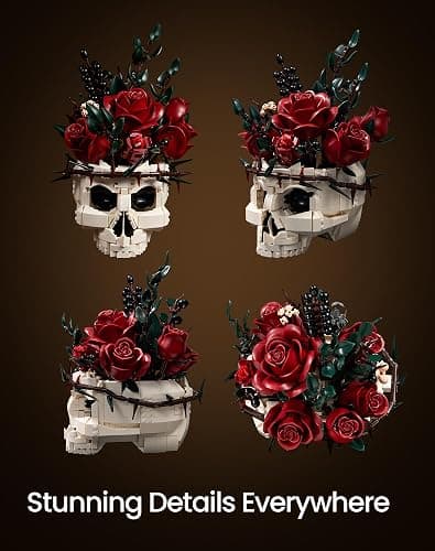 Gothic Skull Rose Flower Bouquet Building Set – Horror Skeleton Botanical Brick Kit for Adults, Gothic Decor with Red Roses, Dark Aesthetic Skull Planter Display, Unique Gift for Women & Goth Lovers thumbnail 6