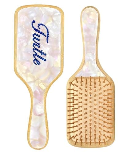 Personalized Rhinestone Hair Brush with Name - Custom Bling Hairbrush for Women & Girls, Handmade Marble Bamboo Wood Brush for Scalp Massage, Detangling, Gifts(Shell White) - Image 1