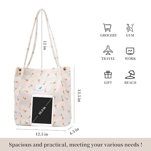 TOPASION Cute Corduroy Tote Bag Canvas Shoulder Handbags for Women Travel Shopping thumbnail 4