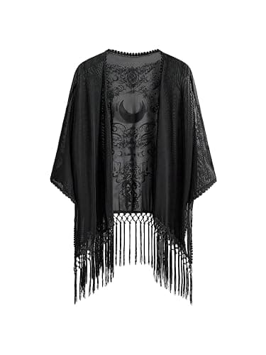 BEAUDRM Women's Goth Fringe Kimonos Tops Whimsical Sheer Shawl Cardigan | Witchy Clothes, Fringe Tops, Goth Outfits, Costumes, Boho Hippie Shawl, Mesh Beach Cover Up - Image 1