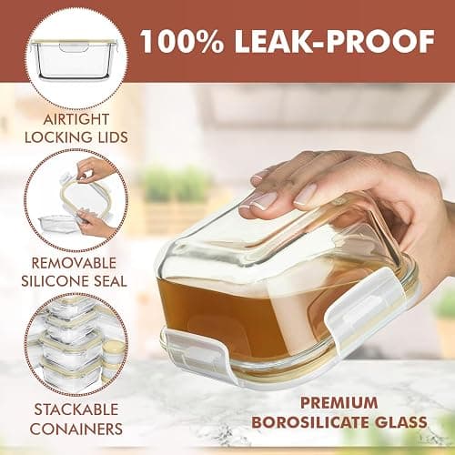 Razab 35 Pc Set Glass Food Storage Containers with Lids - Meal Prep Airtight Bento Boxes BPA-Free 100% Leak Proof (15 lids,15 glass & 5 Plastic Sauce/Dip Containers) thumbnail 3