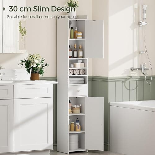 Tall Bathroom Cabinet, Slim Storage Cabinet with Adjustable Shelve 30×180cm | Bathroom Storage Unit Narrow Cupboard, Corner cabinet freestanding Anti-Tip Adjustable Removable Shelf Wood Modern Drawers thumbnail 2