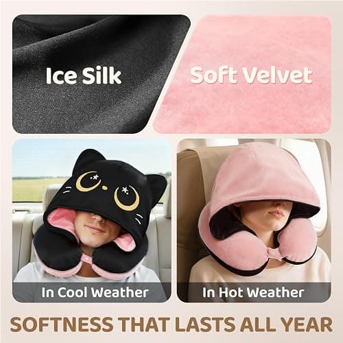 Mewaii Travel Neck Pillow with Hood for Airplanes,Memory Foam,Breathable Ice Silk & Soft Velvet,Double-Sided,Removable to Clean,Adjustable Strap,Portable Travel Pillow for Long Flights Adults & Teens thumbnail 5