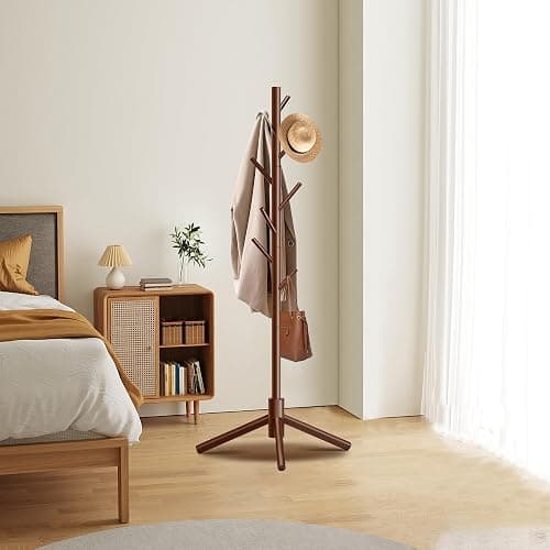 Unisakey Durable Wooden Coat Rack, Freestanding Coat Rack with Stable Triangular Base, 8 Hooks & 3 Adjustable Heights, Simple Assembly for Bedroom, Hallway, Office(New Brown) thumbnail 2