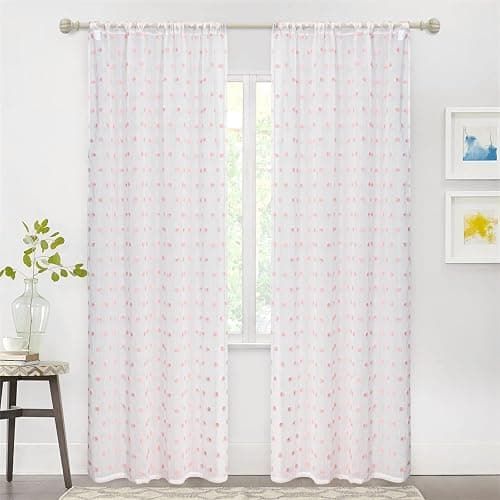 MYSKY HOME Pom Pom Sheer Curtains for Girls Bedroom Pink Curtains for Nursery 84 Inch Long Living Room Curtains 2 Panels Light Filtering Rod Pocket Semi Window Drapes 52 x 84 inch - 52"W x 84"L (Pack of 2) - Pink Pom Pom thumbnail 6