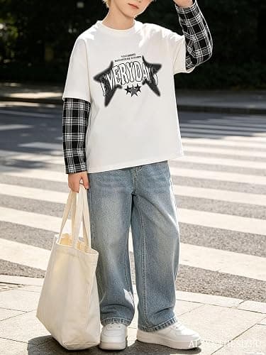 Fdqin Boys Shirts Star Letter Graphic Tee Tops Plaid Long Sleeve Clothes | 3-Piece Set, 7-16Y Teen, 2-in-1 Spliced, Soft Breathable, Crew Neck, Loose Fit, Spring Fall Casual Wear, Machine Washable thumbnail 4