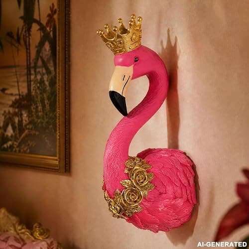 WOPARTY Flamingo Wall Decor, Resin Crown Flamingo Head Wall Sculpture with Gold Rose Accents, 13 x 5.9 Inch, Home Decor Gift (Pink) thumbnail 2